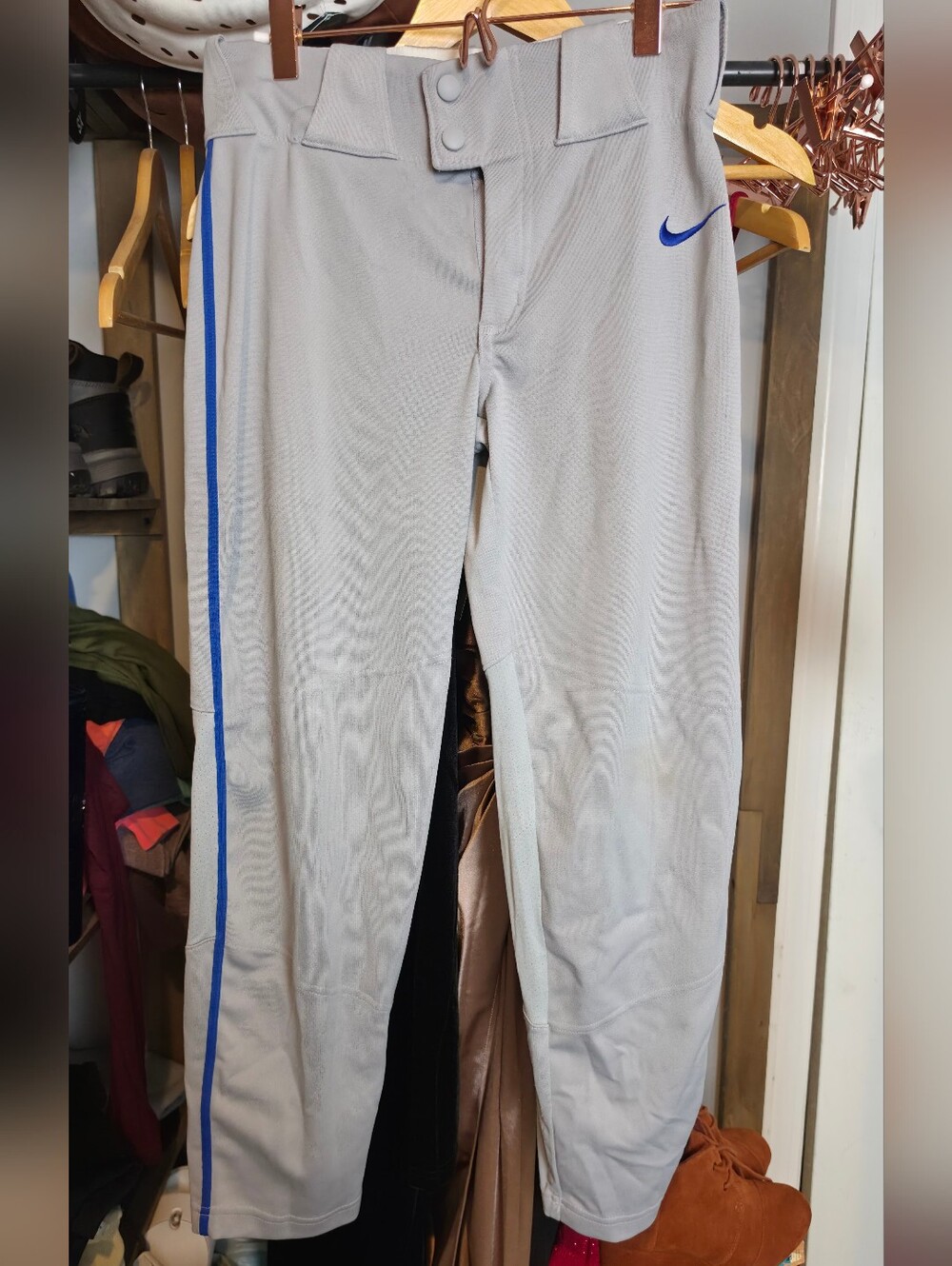 Nike Boy's Light Gray Baseball Pants with Blue Stripe